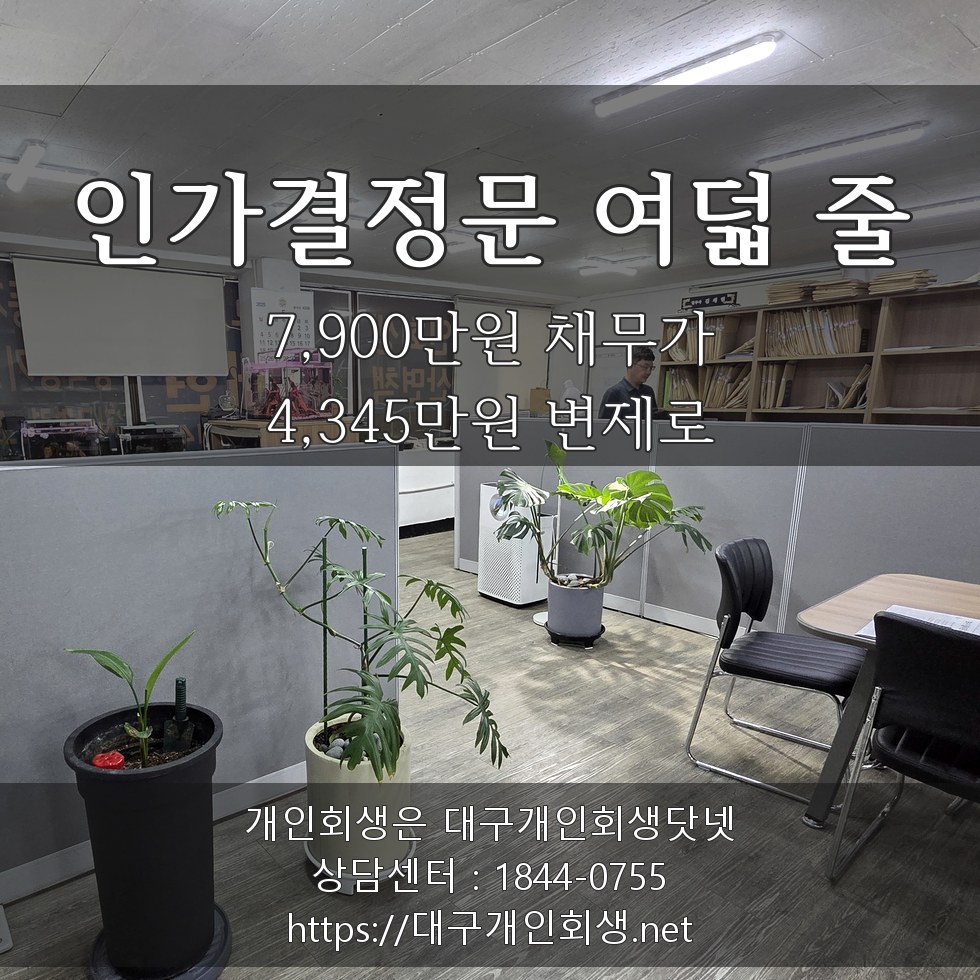인가결정문 여덟 줄 - 7,900만원 채무가 4,345만원 변제로
