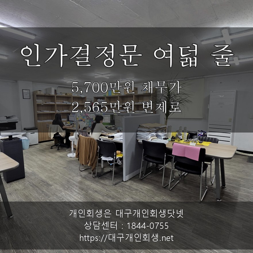 인가결정문 여덟 줄 - 5,700만원 채무가 2,565만원 변제로