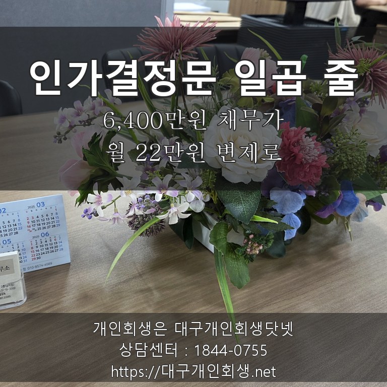 인가결정문 일곱 줄 - 6,400만원 채무가 월 22만원 5년 변제로