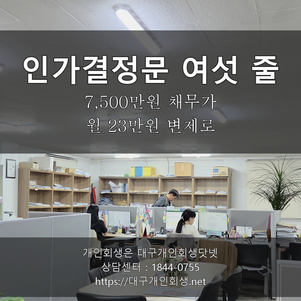 인가결정문 여섯 줄 - 7,500만원 채무가 월 23만원 5년 변제로